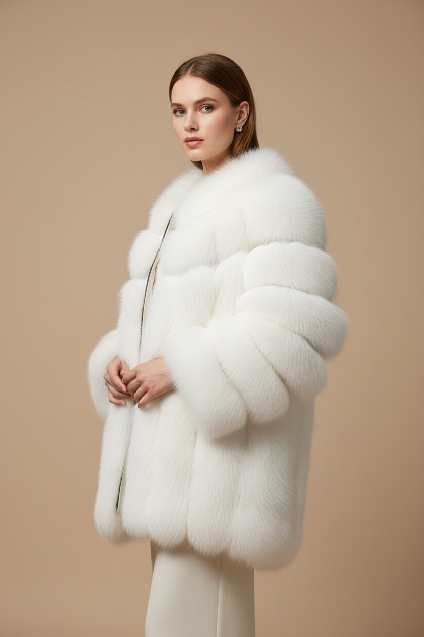 45 Derece Açı - Model üzerinde lüks beyaz kürk ceket