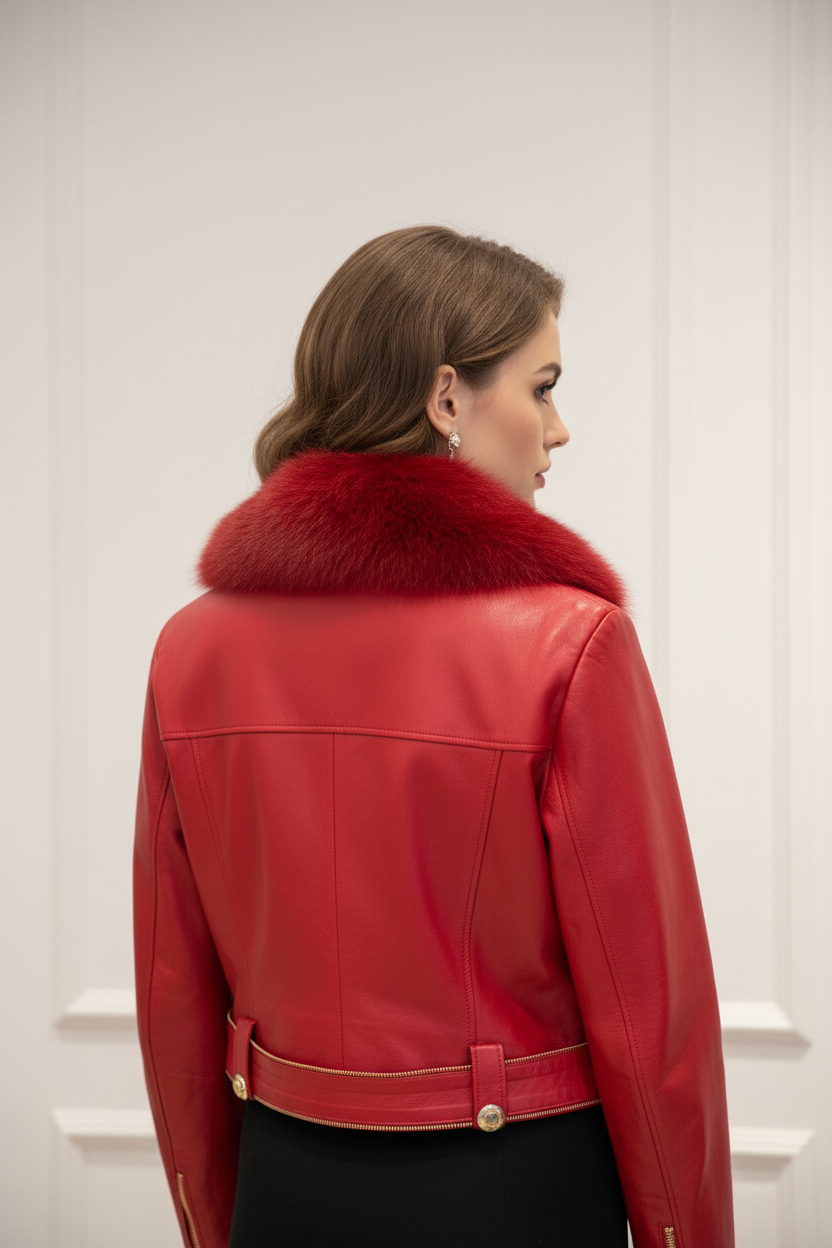 Arka Görünüm - Model üzerinde lüks kırmızı deri kürklü ceket