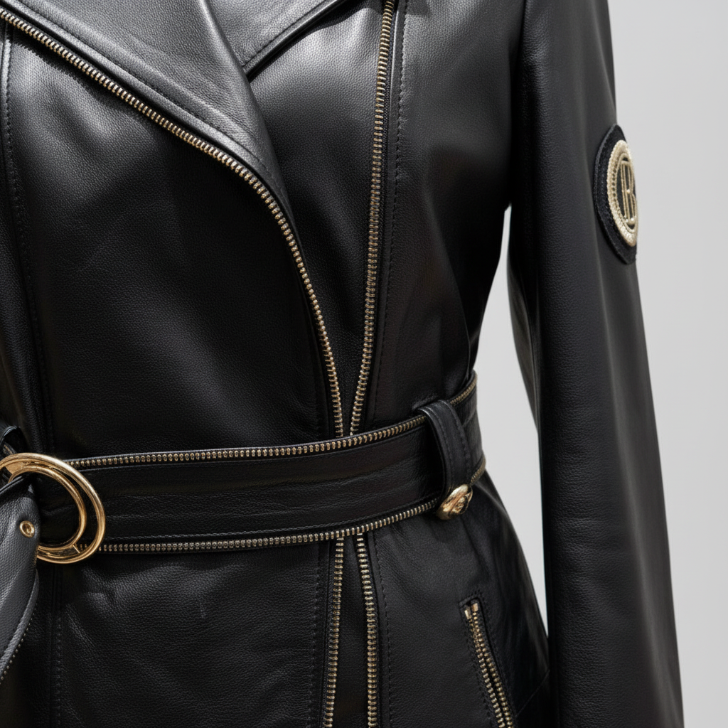 Close-up Detail - Black leather texture and gold zipper