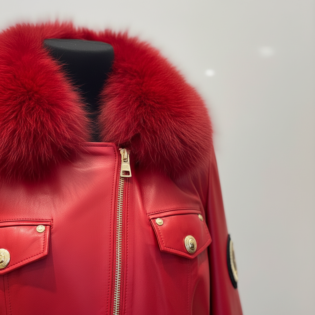 Detay Çekim - Kırmızı kürk yaka ve deri doku