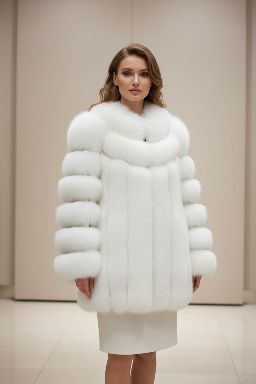 Ön Görünüm - Model üzerinde lüks beyaz kürk ceket