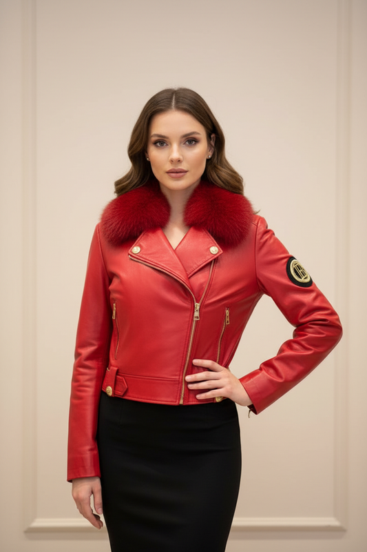 Ön Görünüm - Model üzerinde lüks kırmızı deri kürklü ceket