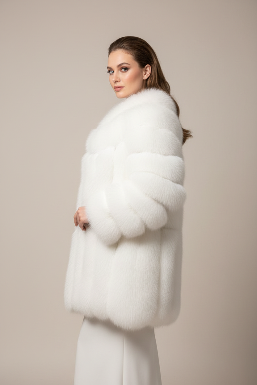 Yan Görünüm - Model üzerinde lüks beyaz kürk ceket